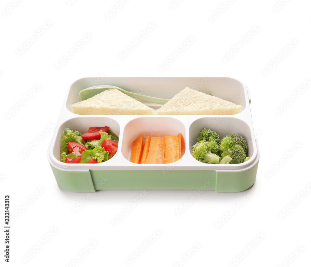 Food for schoolchild in lunch box on white background