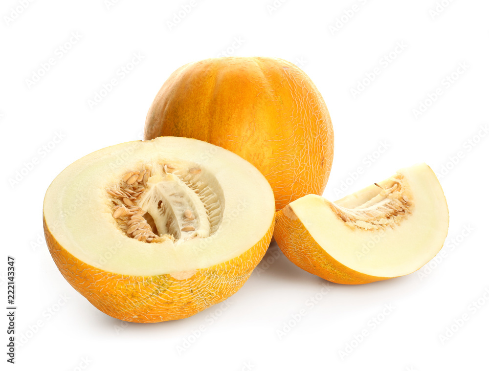 Cut and whole ripe sweet melons on white background