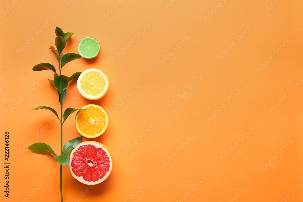 Ruscus branch and tropical fruits on color background