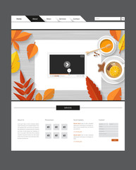 Wall Mural - Autumn one page website template with top view of flat design workplace and orange colored autumn leaves.