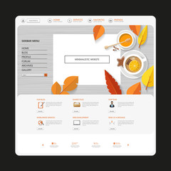 Wall Mural - Autumn one page website template with top view of flat design workplace and orange colored autumn leaves.