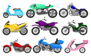 Wall Mural - flat vector set of colorful motorcycles and scooters. vintage and fast sport bikes. two-wheeled moto