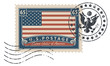 © paseven - Postage stamp with inscriptions and image of the American flag. Vector illustration of USA stamp with a scratched print.