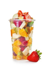 Delicious Fruit Salad In Plastic Cup On White Background