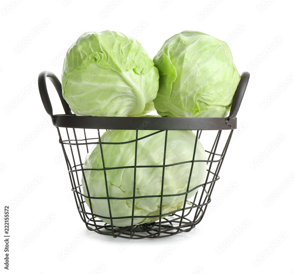 Metal basket with fresh cabbage on white background