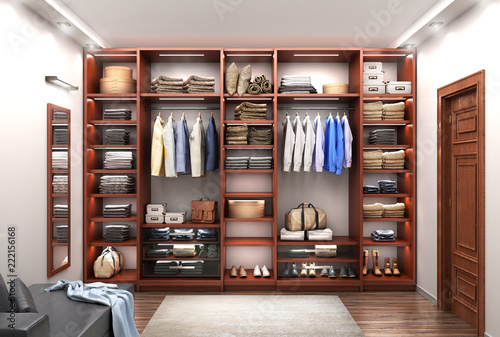 Men S Wardrobe Room 3d Illustration A Modern Wooden Cabinet With