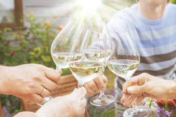 Family of different ages people cheerfully celebrate outdoors with glasses of white wine, proclaim toast People having dinner in a home garden in summer sunlight