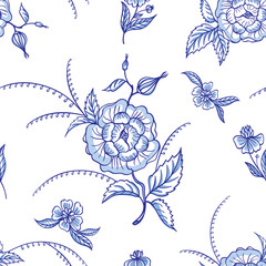 Wall Mural - Seamless pattern of blue flowers on white background, vector illustration. Decorative stylized ornament of abstract roses, print for fabric and other designs.