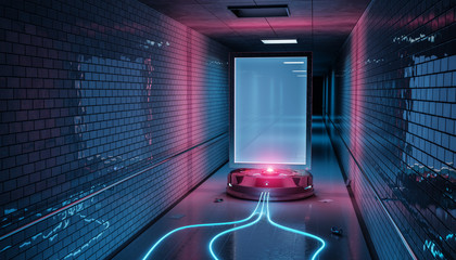 Poster - Futuristic billboard in dirty underground tube station mockup 3d rendering