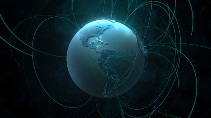 Poster - 3d detailed render of Earth globe. Technology theme. Complex globe form with arcs that go from one point of planet to other. Internet and information background.