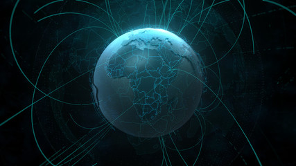 Poster - 3d detailed render of Earth globe. Technology theme. Complex globe form with arcs that go from one point of planet to other. Internet and information background.