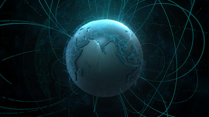 Poster - 3d detailed render of Earth globe. Technology theme. Complex globe form with arcs that go from one point of planet to other. Internet and information background.