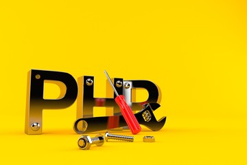 Poster - PHP text with bolts, wrench and screwdriver