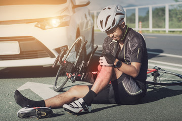 Accident car crash with bicycle on road , Asia cyclist injured on the street bike after collision accident car and bike.