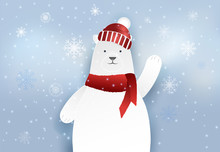 Polar Bear And Snowy Paper Art Style Christmas Holiday Background, Paper Craft Illustration