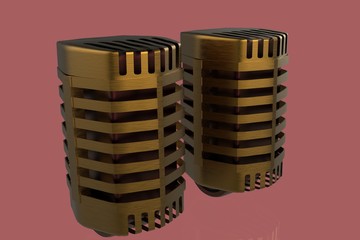 Vintage two golden studio microphone 3D rendering