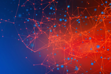 Poster - orange and blue digital data and network connection triangle lines and spheres in technology concept