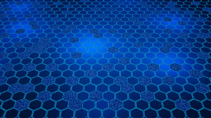 Poster - digital data. hexagon shape and circuit board in structure of computer technology concept on blue ba