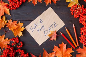 Sticker - bright autumn leaves and text; generic fall background, perfect for sale banners, wedding invitation