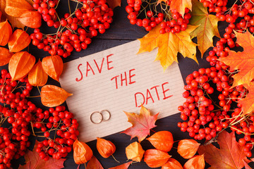 Sticker - bright autumn leaves for wedding invitation or save the date template, season greeting card