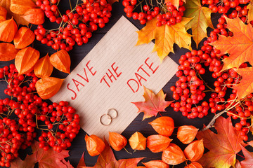Sticker - bright autumn leaves for wedding invitation or save the date template, season greeting card