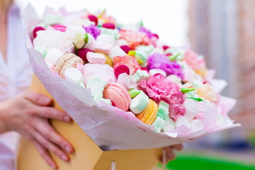 Flowers, fruit bouquet,  pink carnation, marshmallows, macaroons, nature