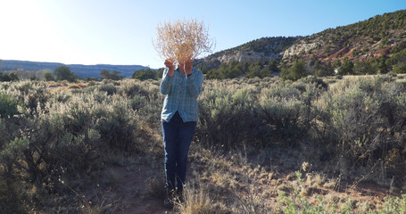 Wall Mural - Young spirited elder playing with tumbleweed outdoors in dry environment