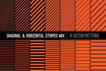 Wall Mural - Halloween Orange and Black Diagonal and Horizontal Stripes Vector Patterns. Modern Striped Backgrounds. Set of Pin Stripes and Candy Stripes. Variable Thickness Lines. Pattern Tile Swatches Included