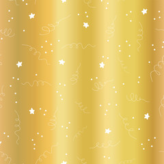 Gold foil star confetti curls celebration seamless vector background. Metallic golden foil abstract pattern. Night sky. Glitter confetti Christmas card, New Year, invite, party. Shiny sparkle