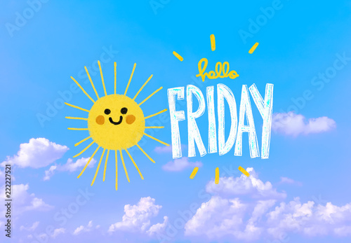 Happy Friday cute sun smile pencil color illustration on blue sky and ...