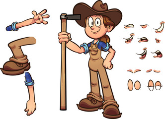 Wall Mural - Cartoon farmer girl with different expressions holding a hoe. Vector clip art illustration with simple gradients. Some elements on separate layers. 