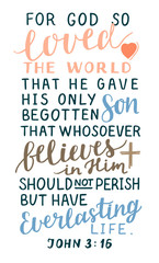 Wall Mural - Golden Bible verse John 3 16 For God so loved the world, made hand lettering with heart and cross.