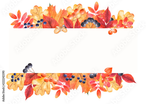 Watercolor Autumn Banner With Colorful Leaves And Berries