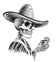 Dead Mexican With A Tequila Shot. Ink Black And White Illustration