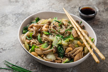 Noodles With Chicken, Shimeji Mushrooms And Bok Choy