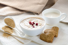 Healthy Breakfast. Sesame Dry Cookies In The Form Of Heart Porridge Of Amaranth With Strawberries And Yogurt.