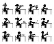 Collection of icons presenting education and different school subjects, science, art, history, geography, chemistry, maths, music, chemistry. Students in school attending classes. Pictogram icon set.