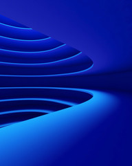 Poster - Structure of futuristic empty curve room. Interior design on blue background. Sci-fi digital technology concept. 3d abstract pattern illustration