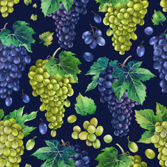 Watercolor pattern of white and blue grapes bunches