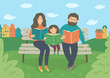 Family reading books on the bench outdoors. Mother, father and baby girl spending time together. Vector illustration.