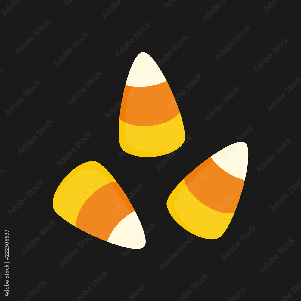 Candy corn sweet candy simple vector illustration, icon. Halloween candy isolated on dark background. - obrazy, fototapety, plakaty 