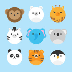 Wall Mural - Cute vector icon set of zoo animals. Round animal illustrations; monkey, polar bear, giraffe, zebra, elephant, koala bear, panda bear, tiger and penguin. Isolated on baby blue background.