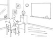 Classroom graphic black white school interior sketch illustration vector. Boy writing in a notebook at the lesson