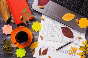 Office table with computer and autumn leaves.