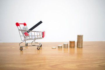 A lot of coins on the table. And there are shopping carts with credit cards.