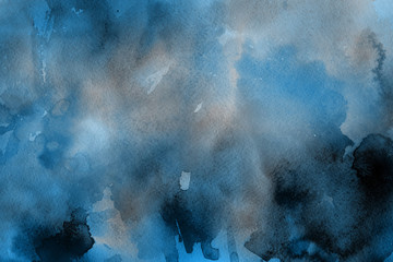  Blue winter watercolor ombre leaks and splashes texture on white watercolor paper background. Painted ice, frost and water.