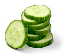 Fresh Cucumber Slices, Isolated On White Background. Close Up Shot Of Cucumber, Arrangement Or Pile.