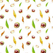Autumn seamless watercolor sketch pattern in warm colors. Yellow leaves and chestnuts on white background. Hand-drawn ornament illustration for web design and print about fall and harvest