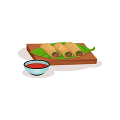 Canvas Print - Spring rolls with meat and vegetables on wooden board, bowl of sauce. Delicious food. Tasty Asian snack. Flat vector design