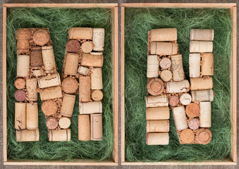 Wall Mural - Alphabet letter M and  N made of  wine corks on green background in wooden box. ABC set